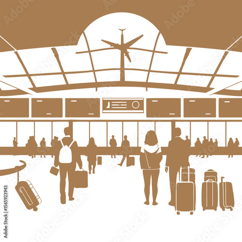 Flat design airport terminal with travelers and luggage concept vector illustration.