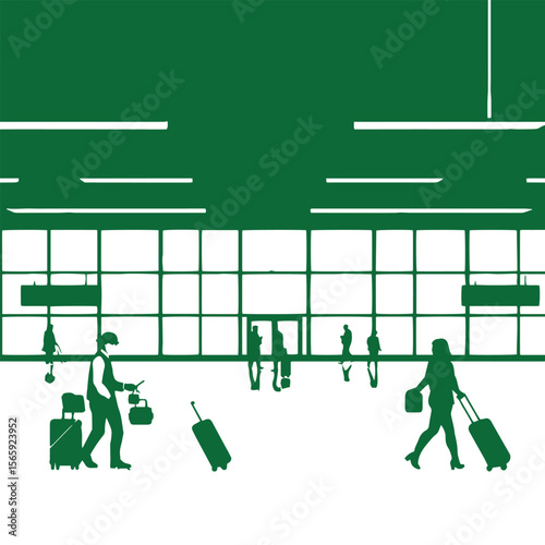 Flat design airport terminal with travelers and luggage concept vector illustration.