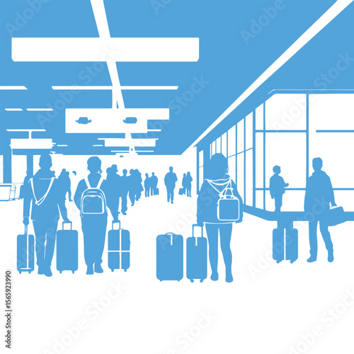 Flat design airport terminal with travelers and luggage concept vector illustration.