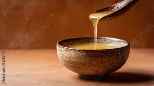 Benefits of Bone broth. Delicious sauce dripping from a wooden spoon into a textured bowl on a warm background.
