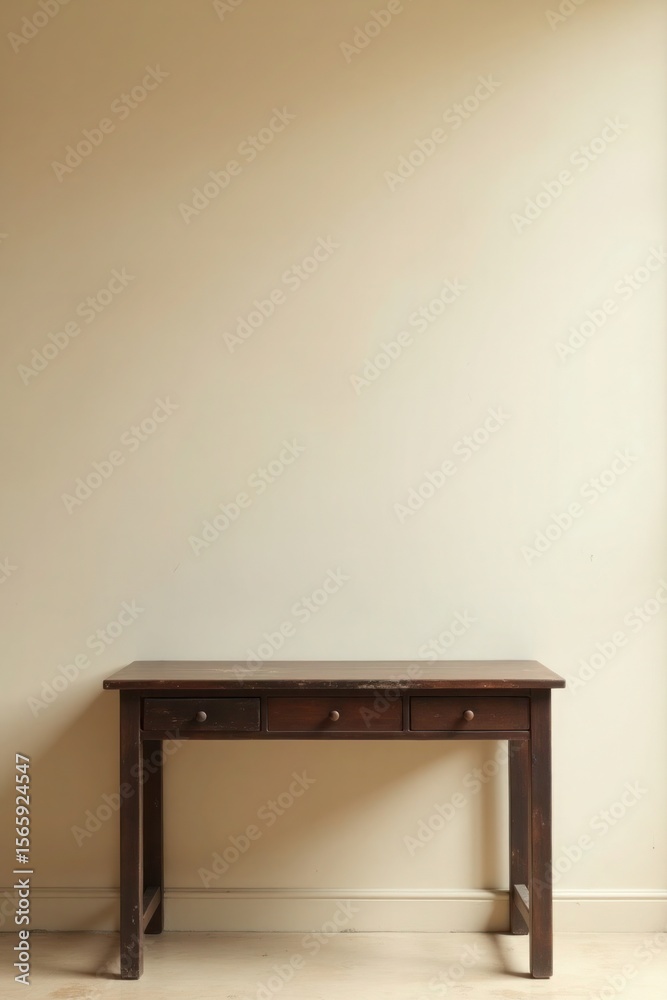 Fototapeta premium Dark Brown Wooden Console Table Three Drawers Beige Wall