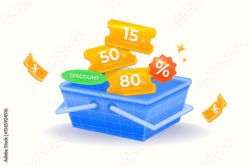 blue shopping basket contains vouchers, special discount coupons save 15%, 50%, up to 80%, limited special offers