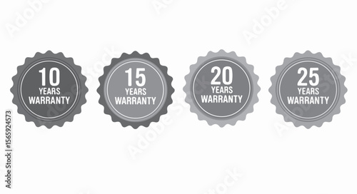 10, 15, 20, 25 Years Warranty seals on white background