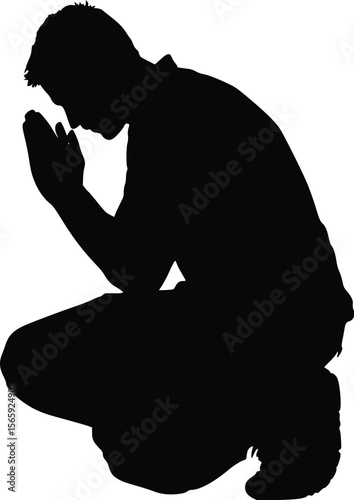 Vector Silhouette: Man Kneeling in Prayer, Humble and Pensive Pose
