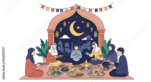 Celebrating the Holy Month of Ramadan with Family Gathering and Iftar Meal Under the Crescent Moon and Stars