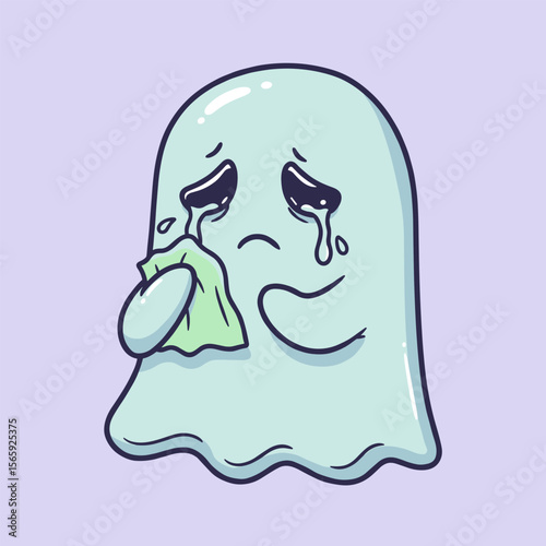 Black-and-white line art of a ghost character sobbing dramatically, clutching a cloth while tears stream down its face—an emotional twist on a classic spooky figure.