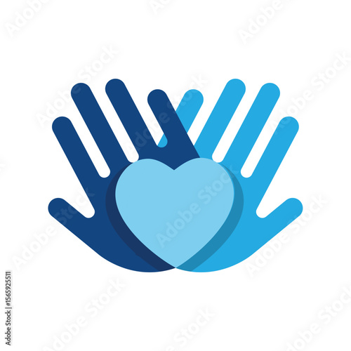 The image shows a flat logo design that depicts two hands with a heart on it in blue color combination that looks clean on a white background