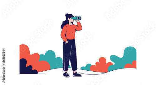 Woman looking through binoculars at distant opportunities or future possibilities exploring for new horizons and seeking growth