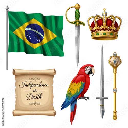 Brazilian Independence Day symbols with flag, crown, sword, scepter, parrot, and scroll