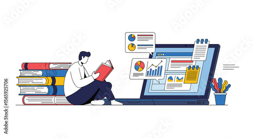 The diligent student studies books and data on a laptop to enhance knowledge and skills for future success and career development