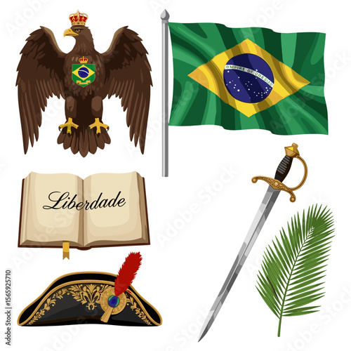 Brazilian Independence Day symbols with eagle, flag, book, sword, hat, and palm leaf