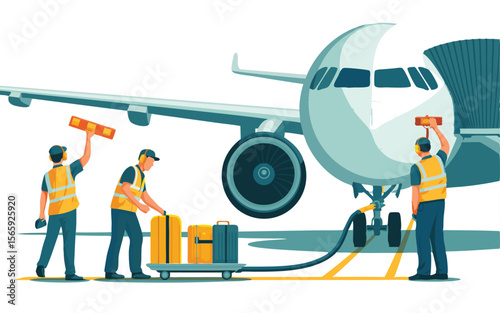 Airplane Service Crew Loading Luggage with Marshallers Guiding Pilot Before Flight Departure