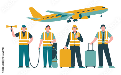 Airport Ground Crew with Plane, Marshaller Directing, Refueling, and Luggage Handling Team Illustration