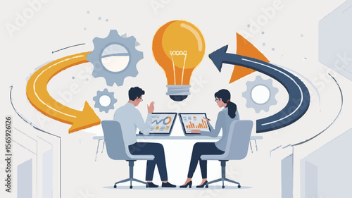 flat style of business people collaborating on a project with idea