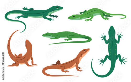 Cartoon Featuring Green and Brown Lizards with Varying Poses on White Background