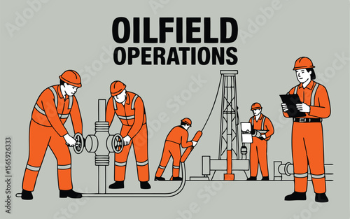 Cartoon Illustration of Oilfield Operations Workers, Drilling Rig, and Equipment in an Industrial Setting