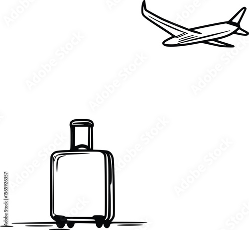 Hand-drawn vector illustration: Suitcase and airplane, travel concept, minimalist style.