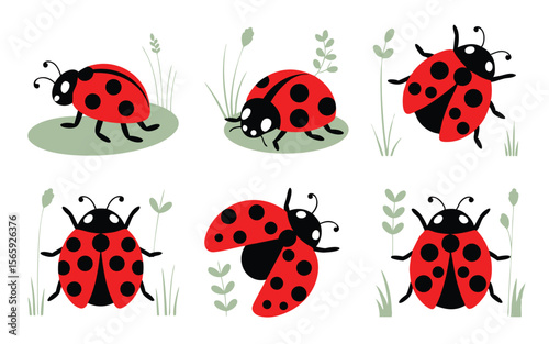 Cartoon Ladybugs with Black Spots and Antennae on Green Patches and Plants Against White Background