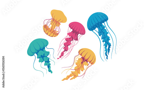 Cartoon Jellyfish Illustration Colorful Sea Life on White Background, Aquatic Creature Art
