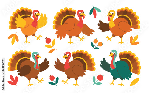 Cartoon Turkeys with Autumn Leaves and Berries, Thanksgiving Day Illustration Isolated
