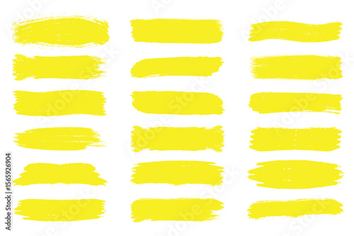 Asian ink brush strokes, yellow hand drawn stripes, rough grunge paint texture, Chinese Japanese Korean calligraphy brushstrokes set, straight line vector illustration, smears, sketch lines. eps 10