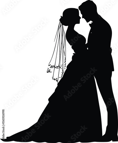 Romantic wedding couple silhouette: elegant vector illustration