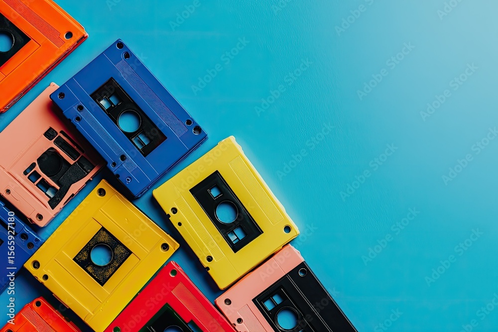 Vibrant Color Picture of Arrangement of Cassette Tape on Blue Vibrant Color Picture of Arrangement of Cassette Tape on Blue