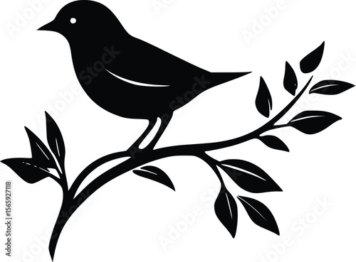 Elegant vector silhouette: bird perched on leafy branch, nature design