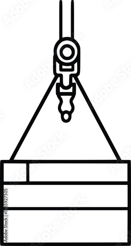 Vector illustration: Industrial crane lifting cargo container, simple line art.