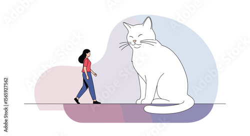 A small woman encounters an enormous white cat in a minimalist stylized illustration with soft pastel background elements
