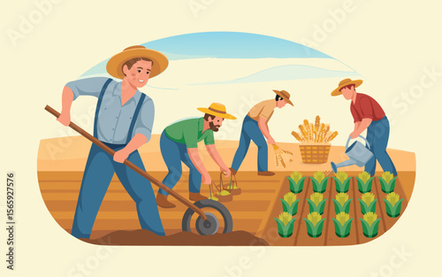 Farmers Planting Cornfield, Harvesting Wheat, and Watering Crops with Farming Equipment, Straw Hats
