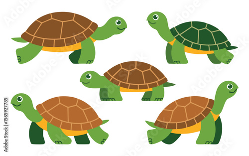 Five Cartoon Green Turtles with Brown Shells Isolated on a White Background