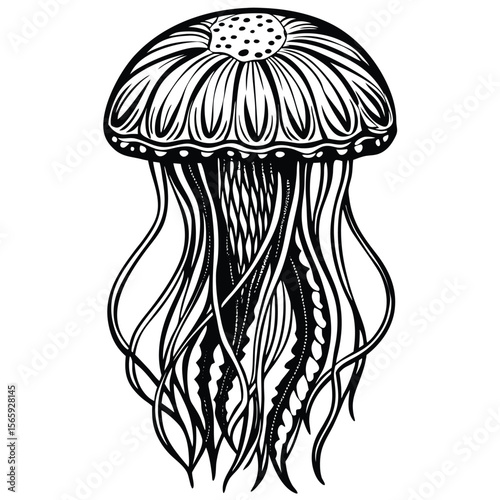 Stylized black and white jellyfish illustration