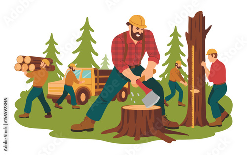 Group of Lumberjacks Working in Forest Felling Trees, Measuring Wood, and Loading Truck