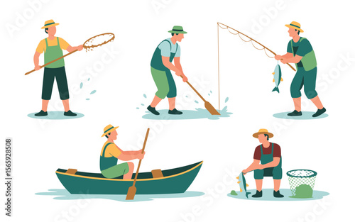 Illustration Five Men Enjoying Fishing Activities with Nets, Oars, Poles, Boat, and Fresh Catch