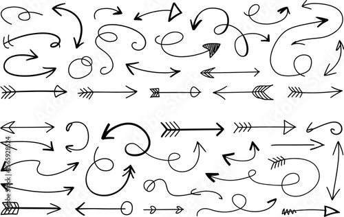 Hand drawn arrows vector set doodle style direction pointers sketch design elements collection hundred arrows