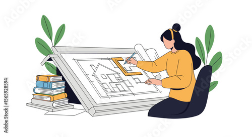 A woman meticulously designs architectural blueprints on a large desk surrounded by stacks of books and lush green plants illustrating her creative process