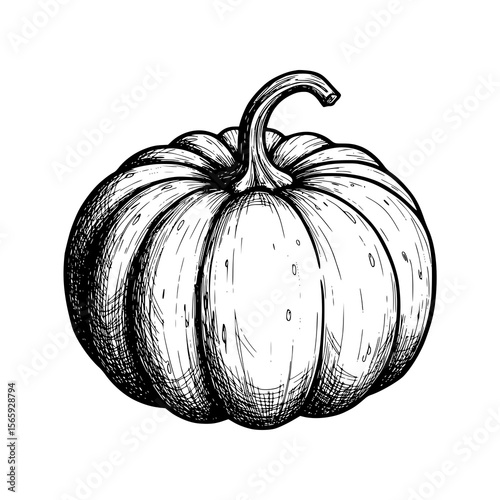 Elegant monochrome drawing of a pumpkin, a versatile graphic resource for autumn designs, harvest themes, and artistic projects.