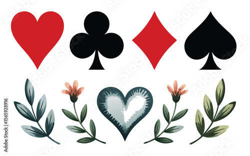 Playing Card Suits with Hearts, Clubs, Diamonds, and Spades with Floral Accents Illustration
