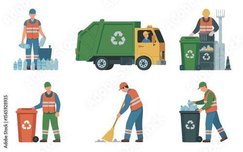 Recycling Workers and Truck with Recycling Symbols Municipal Waste Collection, Cleaning Services and Sanitation