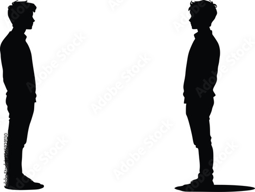 Vector silhouette: two teenage boys facing opposite directions, casual style, contemplative mood.