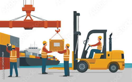Shipping Workers Moving Cargo Container with Forklift at Port with Cargo Ship and Crane