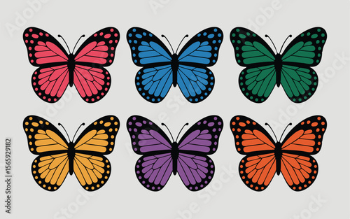 Six Colorful Butterflies Illustration Red, Blue, Green, Yellow, Purple, Orange Monarch Style
