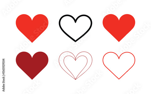 Six Heart Illustrations Solid Red, Black Outline, Burgundy, and Two Red Outlines on White
