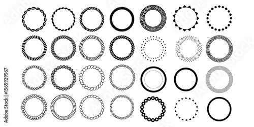 Vector collection of round frames with simple geometric pattern. Set of black circles isolated on a white background. For the design of plates, vignettes, albums, greeting cards, printing on paper