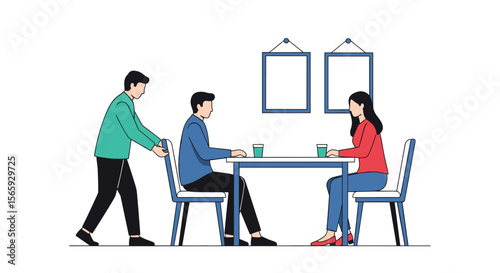 A helpful person pulls a chair out for a man sitting at a table with a woman ready for dinner or a meal together