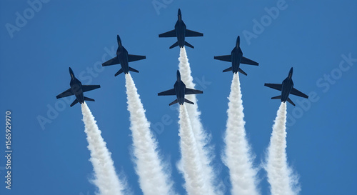 Aerobatic jets in formation with smoke trails against blue sky
