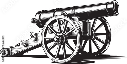Detailed vintage cannon illustration with spoked wheels and historic barrel in engraved black and white style