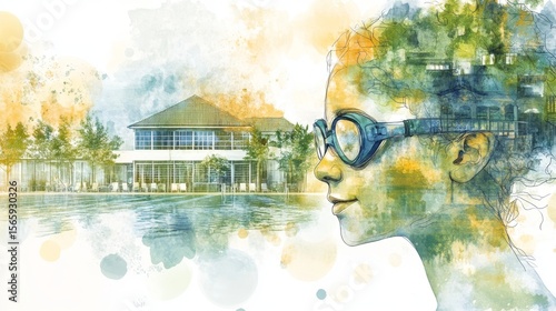 The image is a double exposure illustration that shows a swimmer with goggles on, and a swimming pool is seen in the background