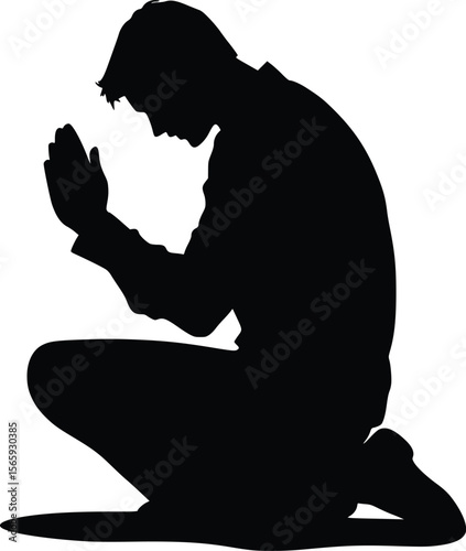 Vector Silhouette: Man Kneeling in Prayer, Humble and Pensive Pose
